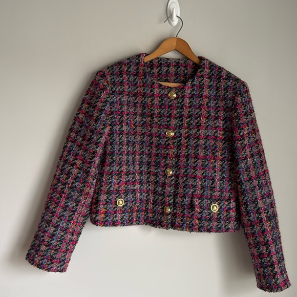 NEW SANDRO Cropped  wool blend bouclé-tweed jacket - Black/Fuschia FR 38 - Picture 3 of 16